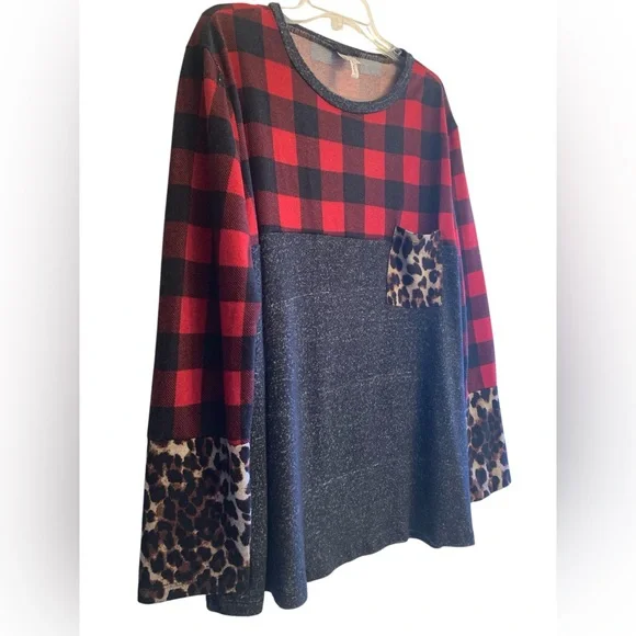 GRATEFUL HEARTS Woman’s Buffalo Plaid Leopard Print Cheetah Animal Print Top XXL - Picture 4 of 9